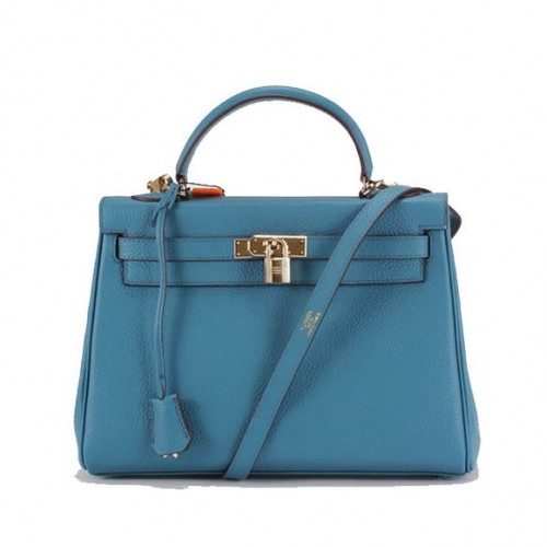 Hermes Kelly 32 см Того кожени чанти 6018 синьо златисто