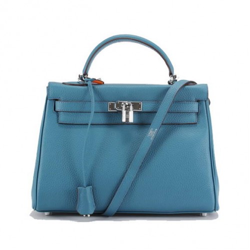 Hermes Kelly 32 см Togo кожени чанти 6018 синьо сребро