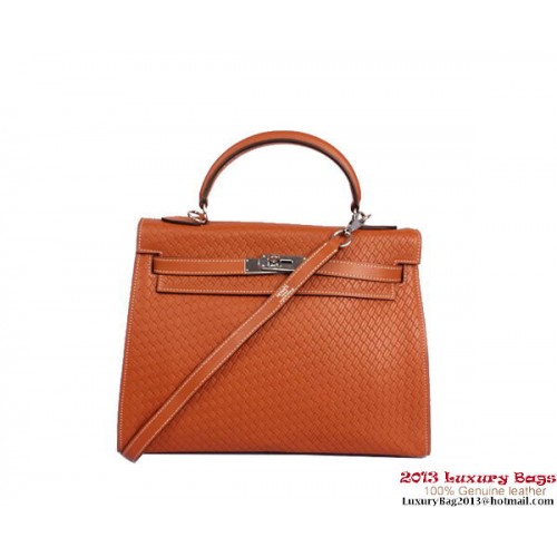 Hermes Kelly 32 см чанта с горна дръжка, камила, плетена кожа, сребърна