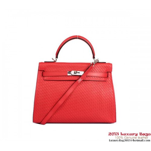 Hermes Kelly 32 см чанта с горна дръжка, светлочервена, плетена кожа, сребърна
