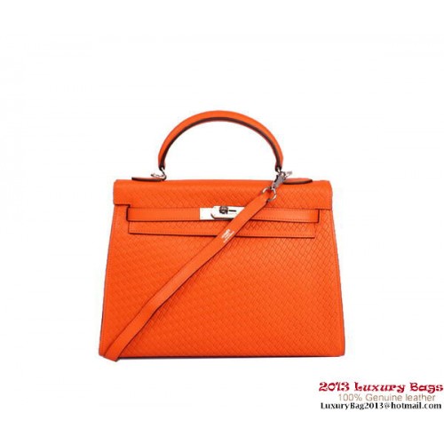 Hermes Kelly 32 см чанта с горна дръжка, оранжева, плетена кожа, сребриста