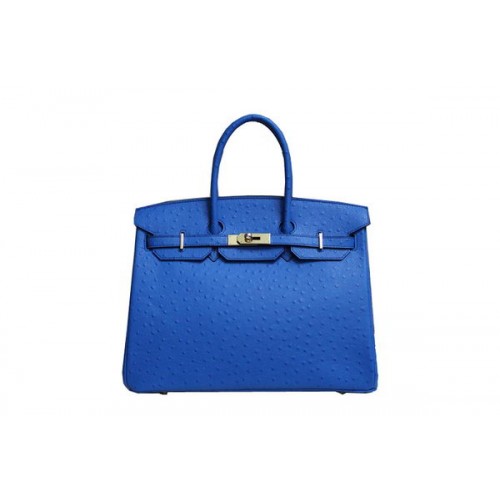 Hermes Kelly 35 см чанта с горна дръжка синя щраусова кожа злато