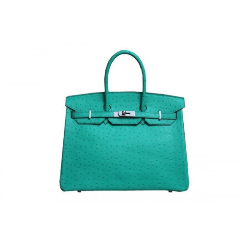 Hermes Kelly 35 см чанта с горна дръжка зелена щраусова кожа сребърна