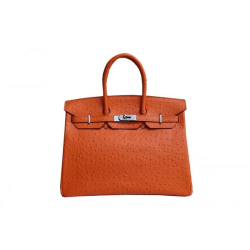 Hermes Kelly 35 см чанта с горна дръжка оранжева щраусова кожа сребърна
