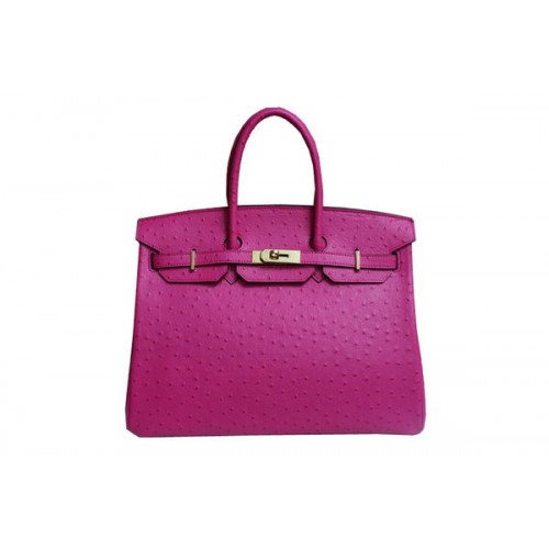 Hermes Kelly 35 см чанта с горна дръжка от праскова, щраусова кожа, злато