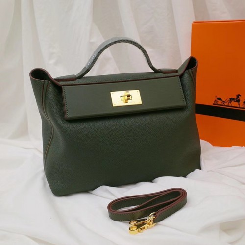 Кожена чанта Hermes Kelly Togo H2424 в черно-зелено