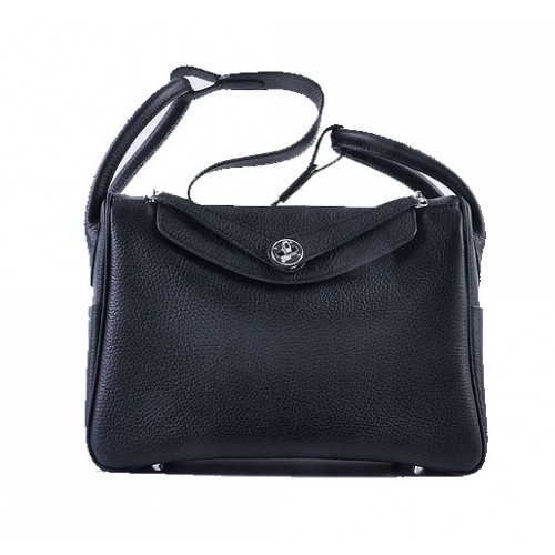 Hermes Lindy 30 см зърнеста кожена чанта през рамо H6207 черна