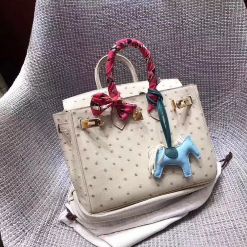 Чанта Hermes от истинска щраусова кожа Birkin BK35 кремаво-бяла