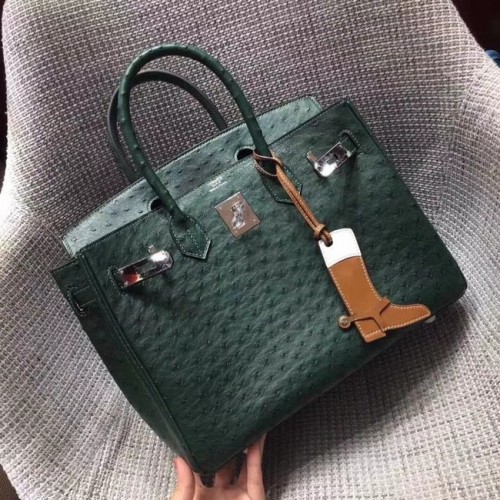 Hermes чанта от истинска щраусова кожа Birkin BK35 зелена