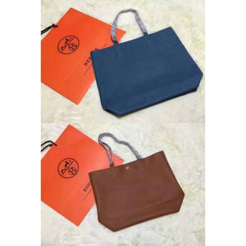 Hermes Shopper Двустранна Чанта Оригинална Кожена HS1209 Синя И Пшенична