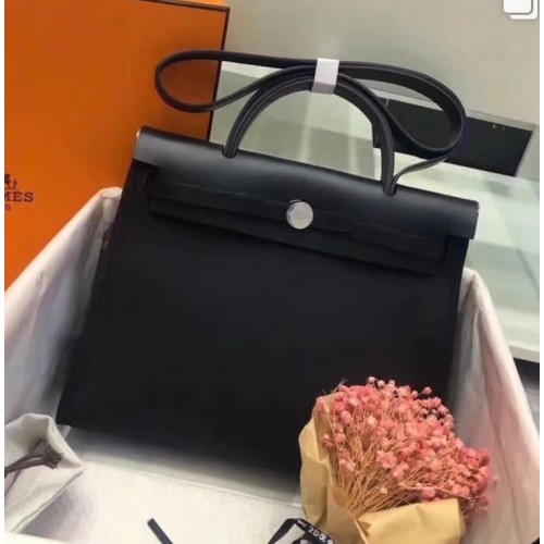 Hermes мини Herbag оригинална платнена кожена телешка кожа 45988 черно