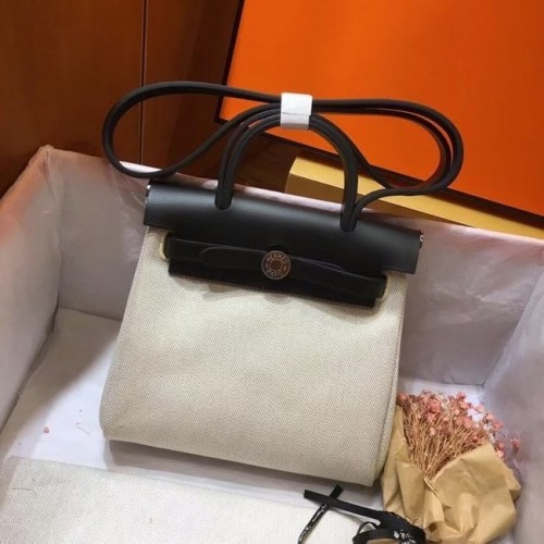Hermes mini Herbag оригинална платнена кожена чанта от телешка кожа 45987 бяло и черно
