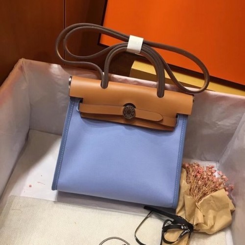 Hermes mini Herbag Original Canvas Leather Calfskin 45987 синьо и кафяво