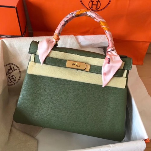 Hermes оригинална Togo кожена чанта Kelly KL320 черно-зелена