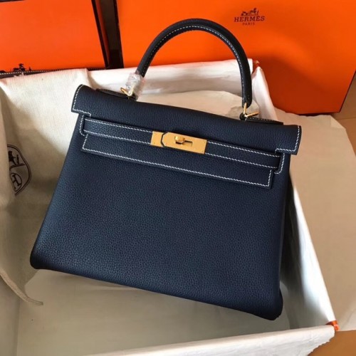 Hermes оригинална Togo кожена чанта Kelly KL320 тъмносиня