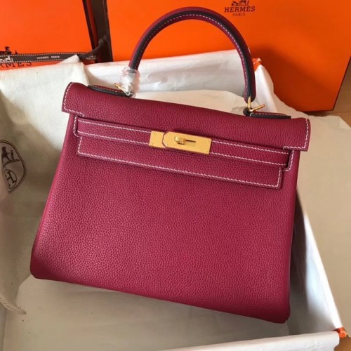 Hermes оригинална Togo кожена чанта Kelly KL320 фуксия