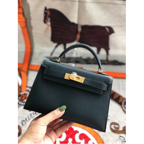 Hermes оригинална мини чанта Kelly chevre mysore K19CM черно-зелено и златисто метално