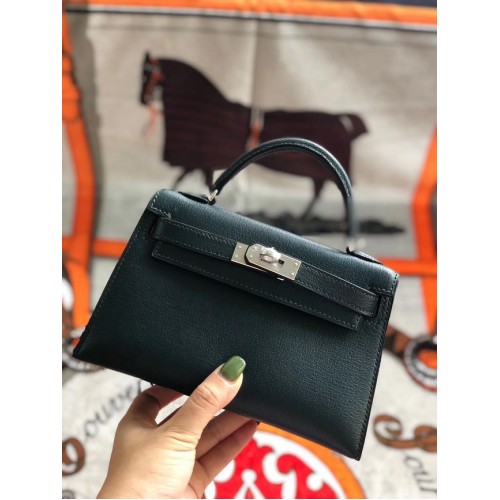 Hermes оригинална мини чанта Kelly chevre mysore K19CM черно-зелено и сребристо метал