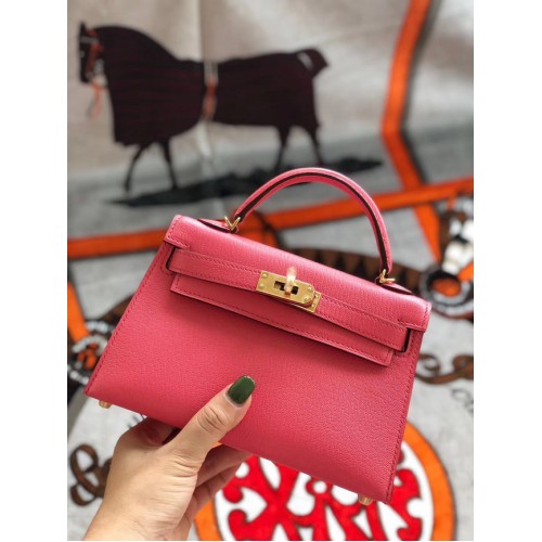 Hermes оригинална мини чанта Kelly chevre mysore K19CM диня червено и златисто метална