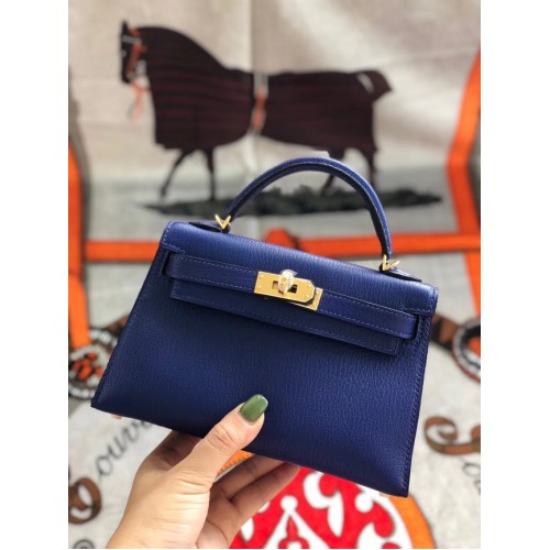 Hermes оригинална мини чанта Kelly chevre mysore K19CM синьо и златисто метална