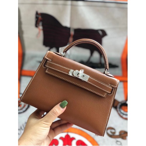 Hermes оригинална мини чанта Kelly chevre mysore K19CM кафяво и сребристо метал