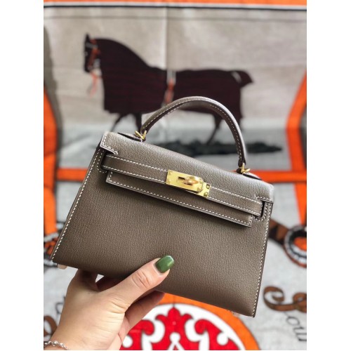 Hermes оригинална мини чанта Kelly chevre mysore K19CM сиво и златисто метално
