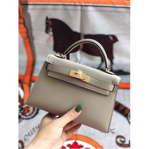 Hermes оригинална мини чанта Kelly chevre mysore K19CM светло сиво и златист метал