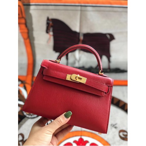 Hermes оригинална мини чанта Kelly chevre mysore K19CM червено и златисто метално