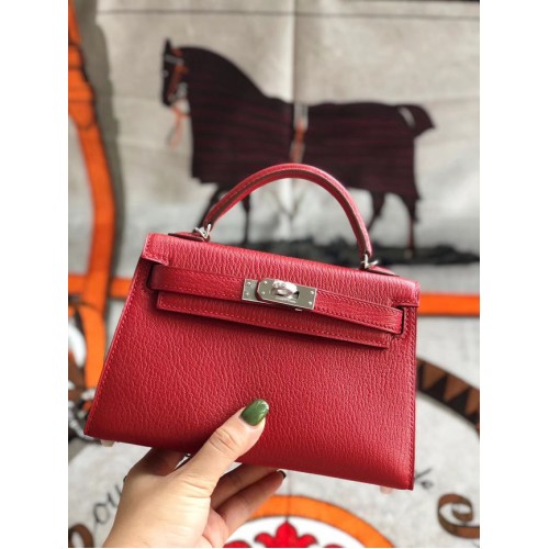 Hermes оригинална мини чанта Kelly chevre mysore K19CM червено и сребърно метал