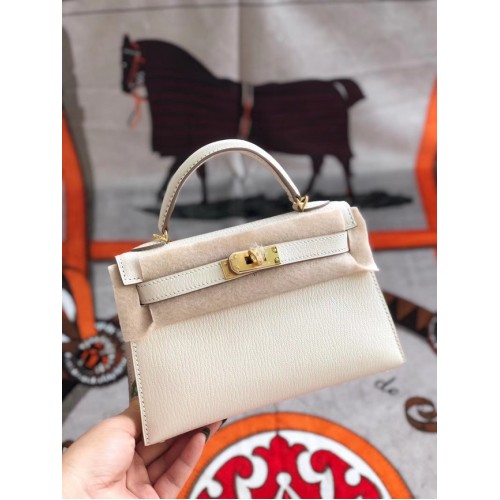 Hermes оригинална мини чанта Kelly chevre mysore K19CM бяло и златисто метално