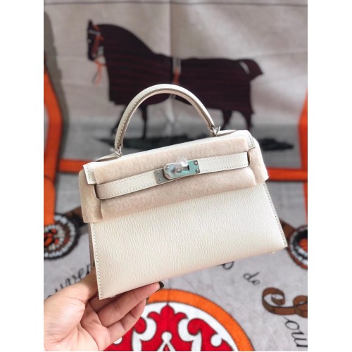 Hermes оригинална мини чанта Kelly chevre mysore K19CM бяло и сребърно метал