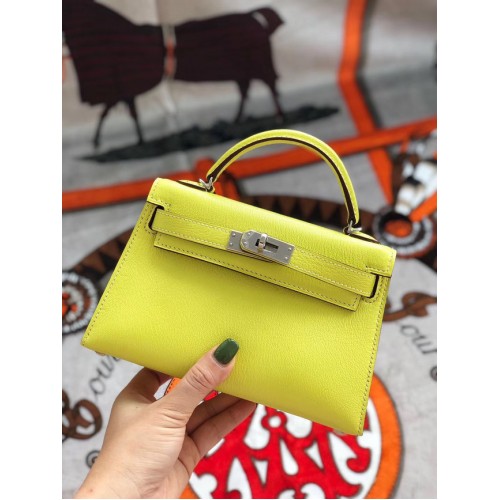 Hermes оригинална мини чанта Kelly chevre mysore K19CM жълто и сребристо метал