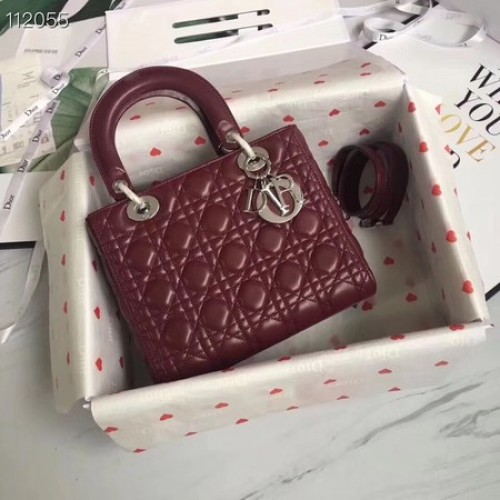 Чанта от агнешка кожа Lady Dior CAL44550 в бордо и сребрист метал