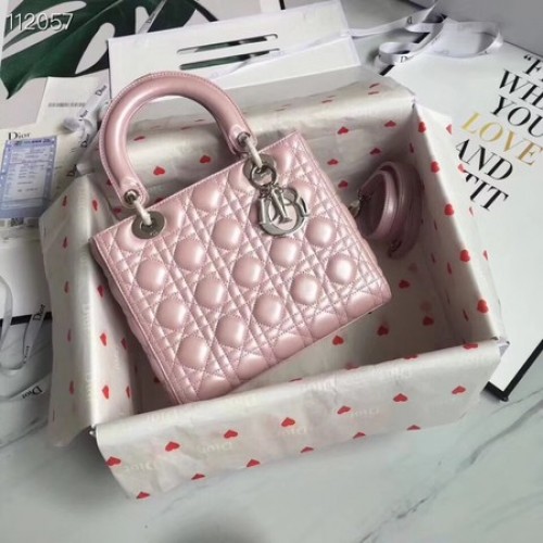 Чанта от агнешка кожа Lady Dior CAL44550, розово-сребрист метал