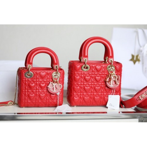 Чанта LADY DIOR MY ABCDIOR Оригинална чанта от агнешка кожа Cannage Heart M0539O червена