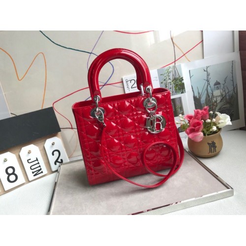 Чанта от лачена кожа LADY DIOR MY ABCDIOR червена M05389 сребриста