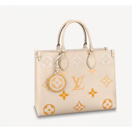 Оригинална чанта Louis Vuitton Onthego средна, кремава, M45717 с оранжево лого
