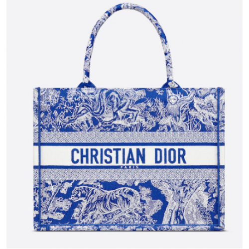 СРЕДЕН DIOR BOOK TOTE Флуоресцентно синьо Toile de Jouy Обратна бродерия M1296ZROC