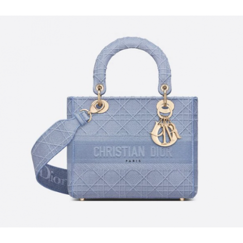 СРЕДНА ДАМСКА ЧАНТА D-LITE, Дънково синя, Емблемирана в цвят Cannage, M0565OR