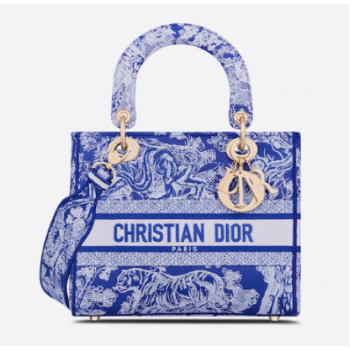 СРЕДНА ДАМСКА ЧАНТА D-LITE Флуоресцентно синьо Toile de Jouy Обратна бродерия M0565OROC