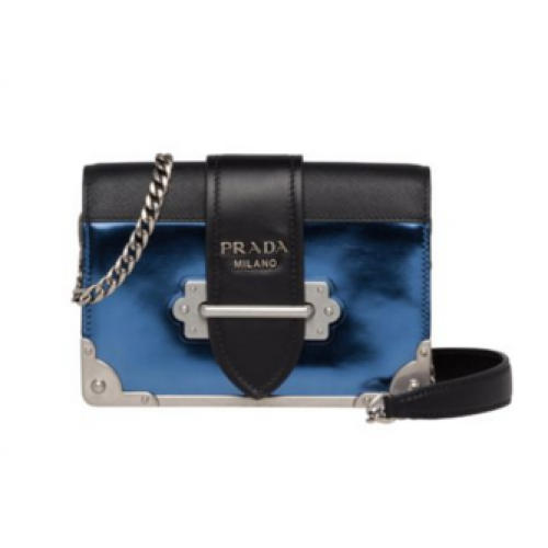 Чанта от телешка кожа Prada Cahier 1BH018 синя