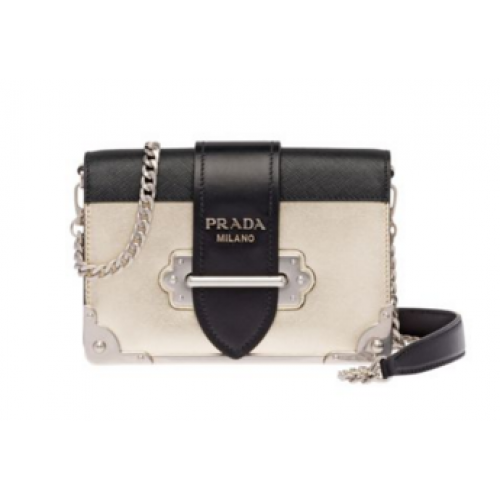 Чанта от телешка кожа Prada Cahier 1BH018 златиста