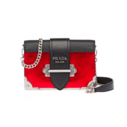 Чанта от телешка кожа Prada Cahier 1BH018 червена