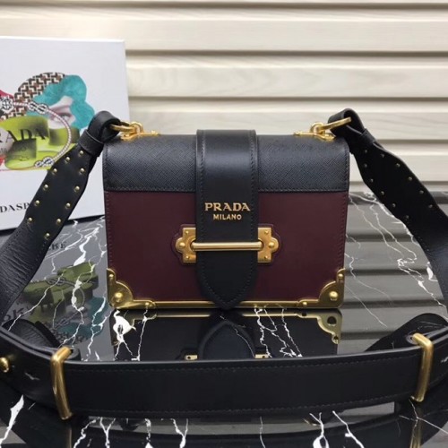 Кожена чанта Prada Cahier 1BD045 Бордо и черно