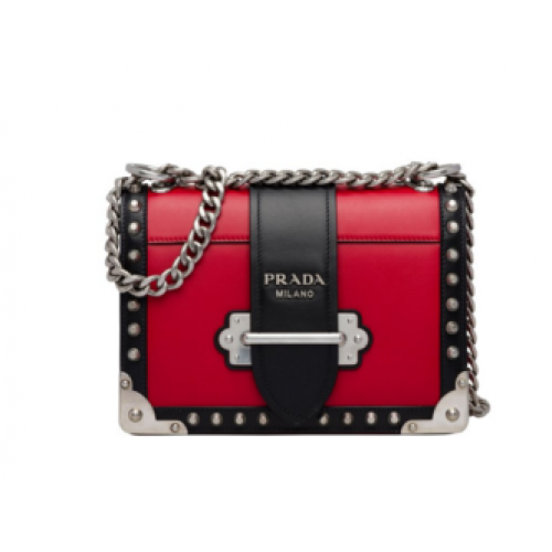 Кожена чанта Prada Cahier с капси 1BD045-1 червено-черно