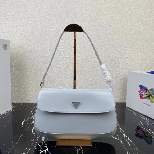 Чанта за рамо Prada Cleo от четкана кожа с капак 1BH276 светло синя