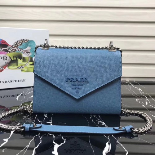 Чанта от сафианова кожа Prada Monochrome 1BD127 светло синя