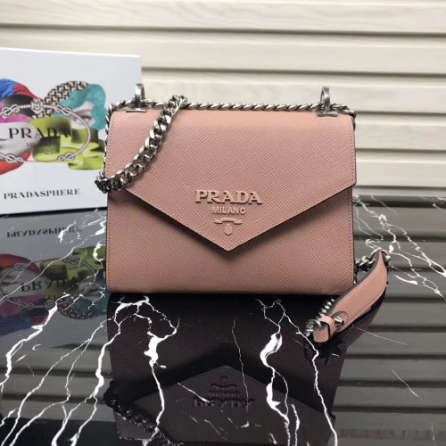 Чанта от сафианова кожа Prada Monochrome 1BD127 светло розова