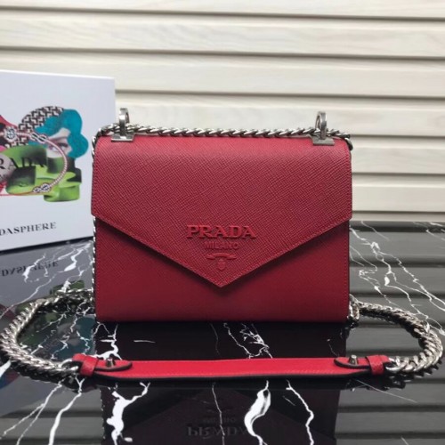 Чанта от сафианова кожа Prada Monochrome 1BD127 червена