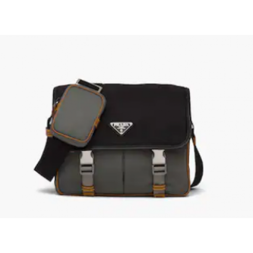 Чанта за през рамо Prada от ре-найлон и сафианова кожа 2VD769 черно-сива
